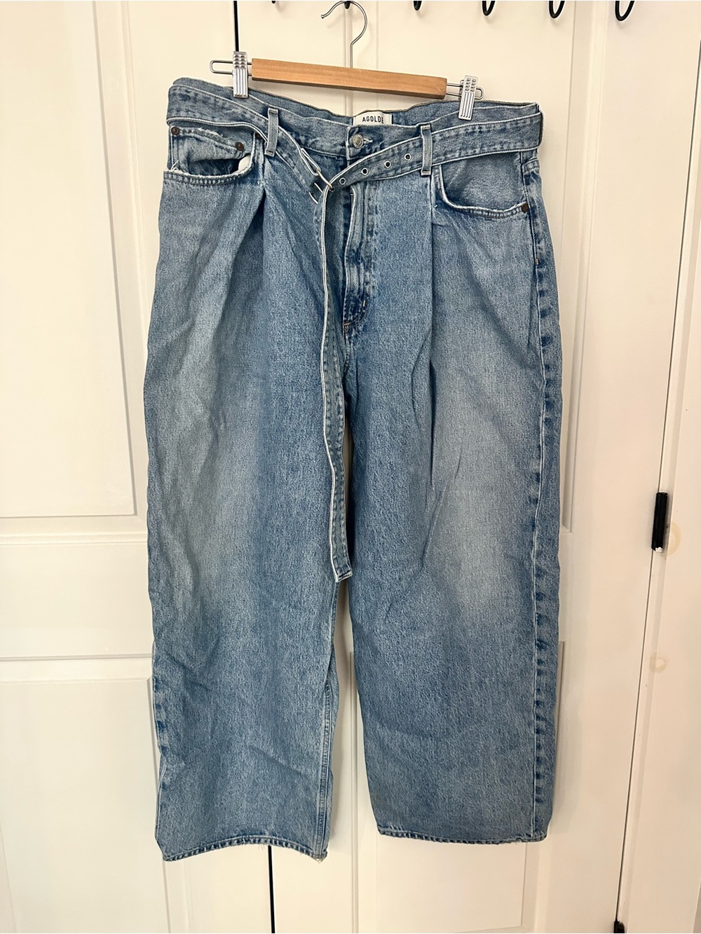 Agolde Light Blue Wide Leg Jeans with Self Tie Belt